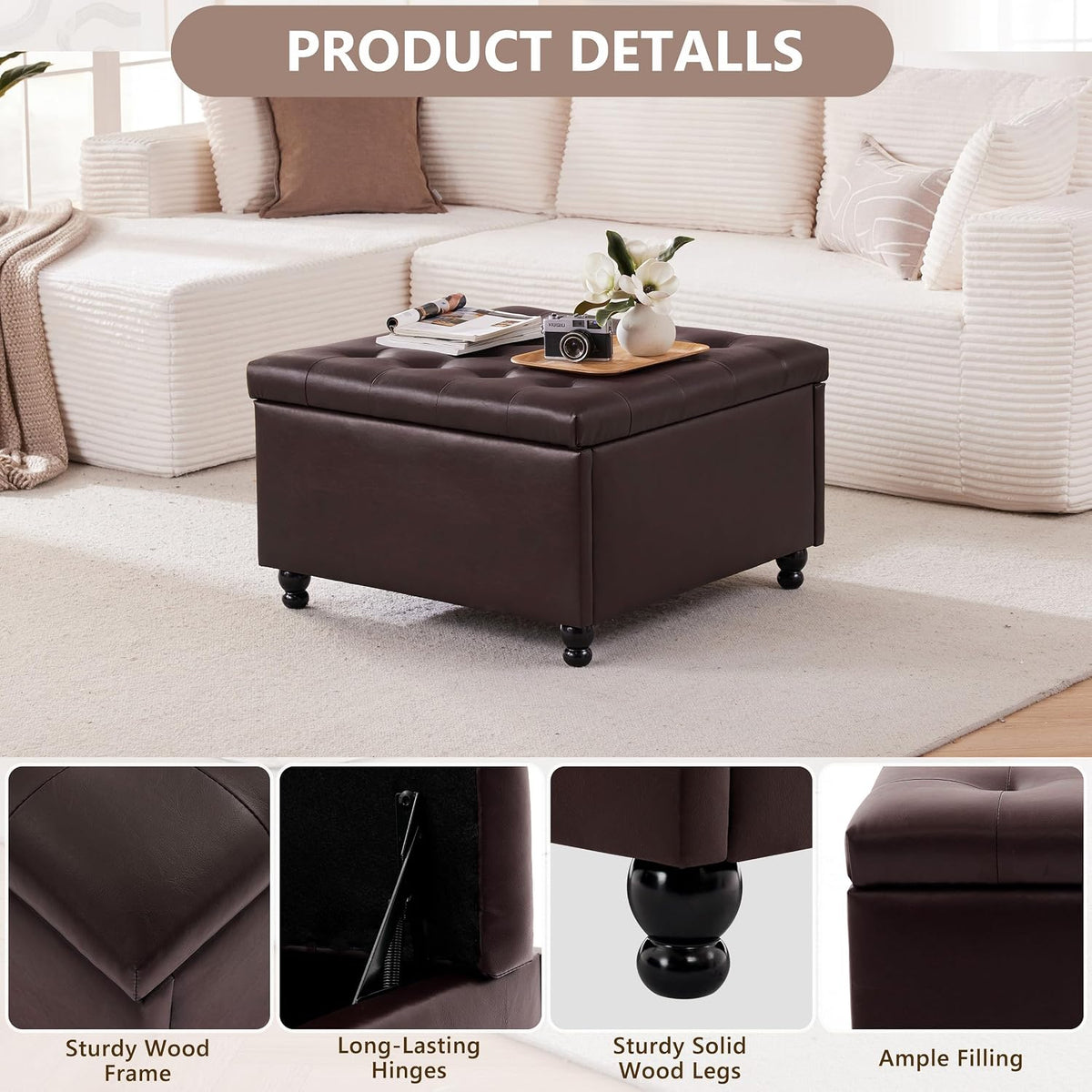 30" Large Square Ottoman with Storage, Leather Ottoman Coffee Table, Brown | Tufted Upholstered Ottoman for Living Room, Oversized Square Storage Ottoman for Bedroom and Entryway, Solid Wood Frame
