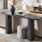 OKD 63" Modern Console Table with Arc Faux Marble Texture Top, Fluted Wood Base, Contemporary Entryway Sofa Table for Living Room, Hallway, Foyer, Dark Alder