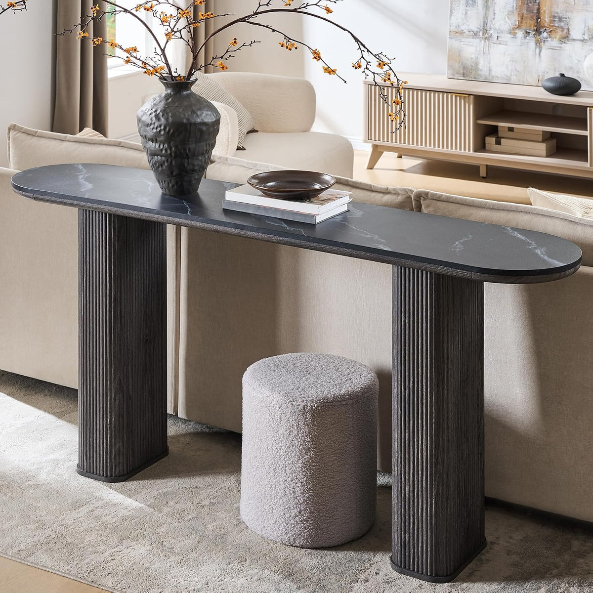 OKD 63" Modern Console Table with Arc Faux Marble Texture Top, Fluted Wood Base, Contemporary Entryway Sofa Table for Living Room, Hallway, Foyer, Dark Alder