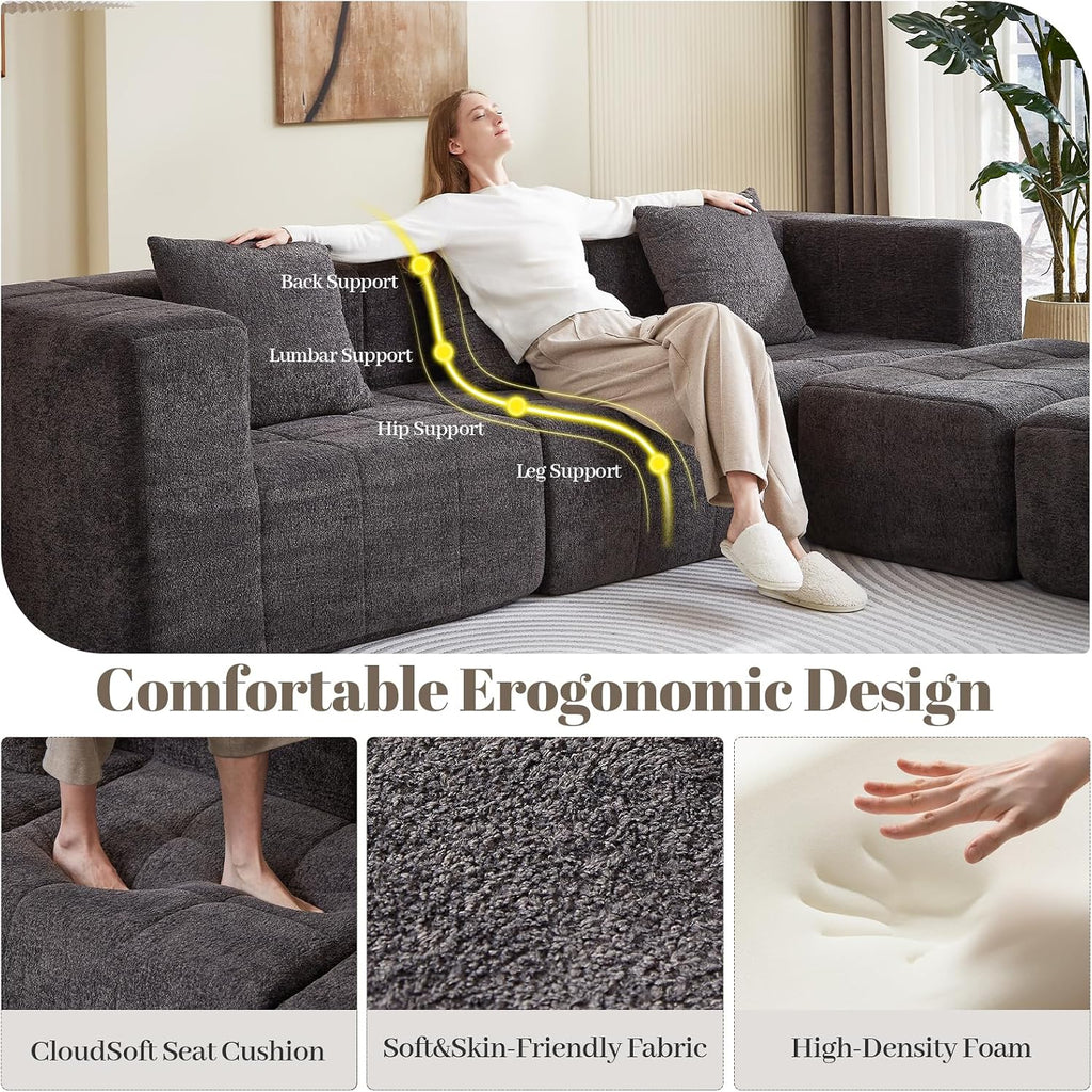 Modular Sectional Sofa with Deep Seat, Cloud Couch with 2 Movable Ottoman, No Assembly Required, Modern Plush Corduroy Cloud Couches for Living Room & Apartment, Grey