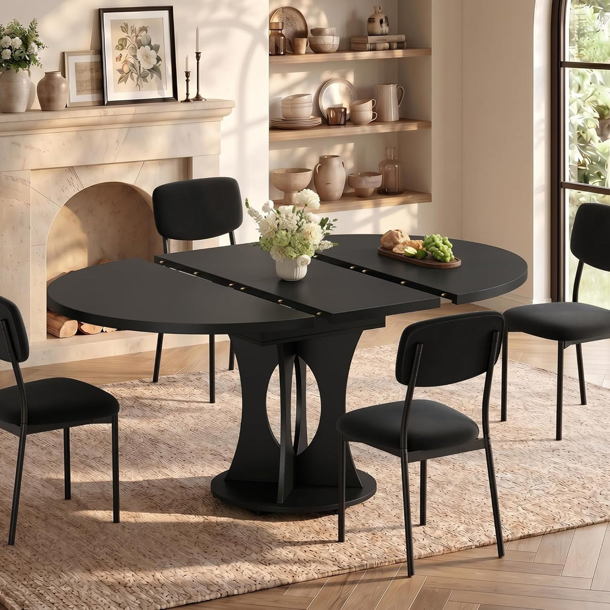 iPormis 43-59" Round Dining Table Set for 4, 5-Piece Kitchen Table & Chairs Set for 4, Extendable Dining Room Circle Table with 4 Upholstered Chairs for Small Space, Black Table + 4 Black Chairs