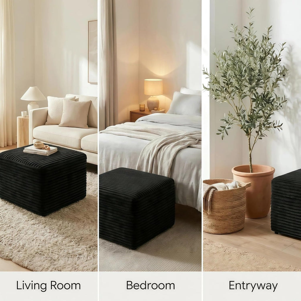 JINGLING 25.6 Inch Plush Corduroy Ottoman, Modular Sectional Foot Rest for Living Room, Upholstered Cloud Ottoman for Couch in a Box, Compressed Memory Foam, No Assembly Require, Black