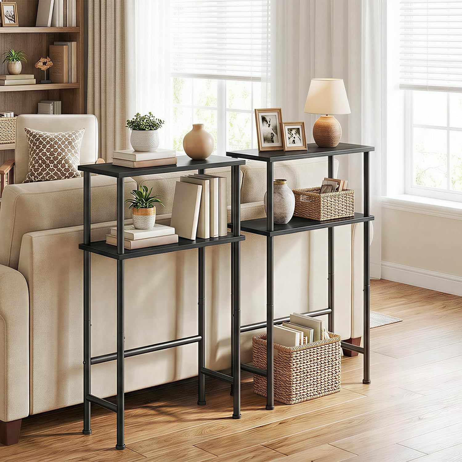 HOOBRO Narrow Console Table for Small Space, 15.7" Entryway Table with Storage, 2 Tier Sofa Table with 2 Shelves, Skinny Console Table for Entryway, Hallway, Living Room, Foyer, Black BB40XG01