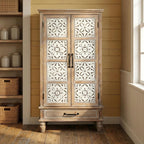 LKTART KTART 55'' Tall Kitchen Cabinet,Narrow Pantry Storage Cabinet with Shelves and Drawers,French Country Accent Cabinet,Solid Wood China Cabinet with Embossed Floral Metal Doors,Natural Wood
