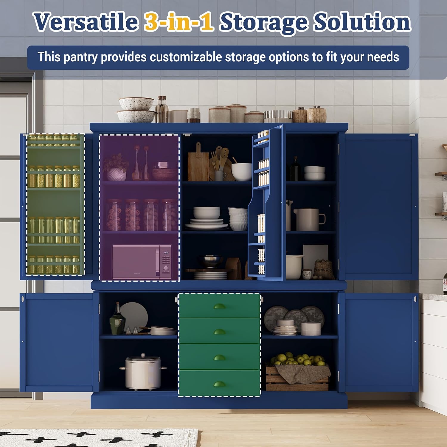 Merax 73''H Freestanding Wooden Kitchen Pantry Storage Cabinet, Organizers with 2 Upper & 2 Bottom Cabinets & 4 Drawers & 8 Adjustable Shelves, Anti-Tipping Device Cupboard for Dining Room, Blue
