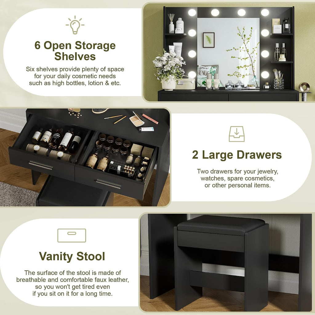 YESHOMY Vanity Desk with Mirror, Makeup Table, Pure Black | 2 Large Drawers, Power Outlet and Round Holder, 3 Color Modes Adjustable Bulb, Bench Included