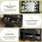 YESHOMY Vanity Desk with Mirror, Makeup Table, Pure Black | 2 Large Drawers, Power Outlet and Round Holder, 3 Color Modes Adjustable Bulb, Bench Included