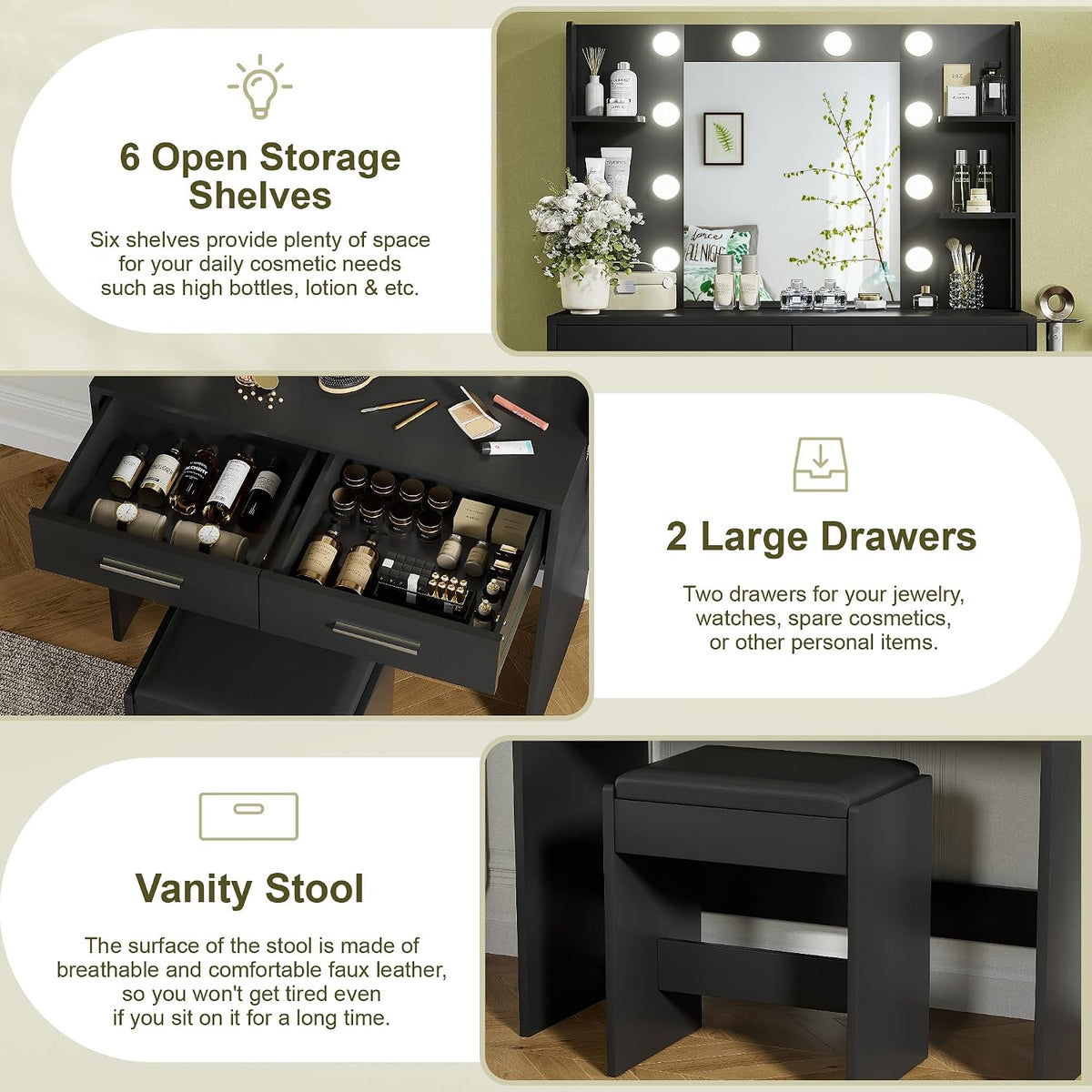 YESHOMY Vanity Desk with Mirror, Makeup Table, Pure Black | 2 Large Drawers, Power Outlet and Round Holder, 3 Color Modes Adjustable Bulb, Bench Included