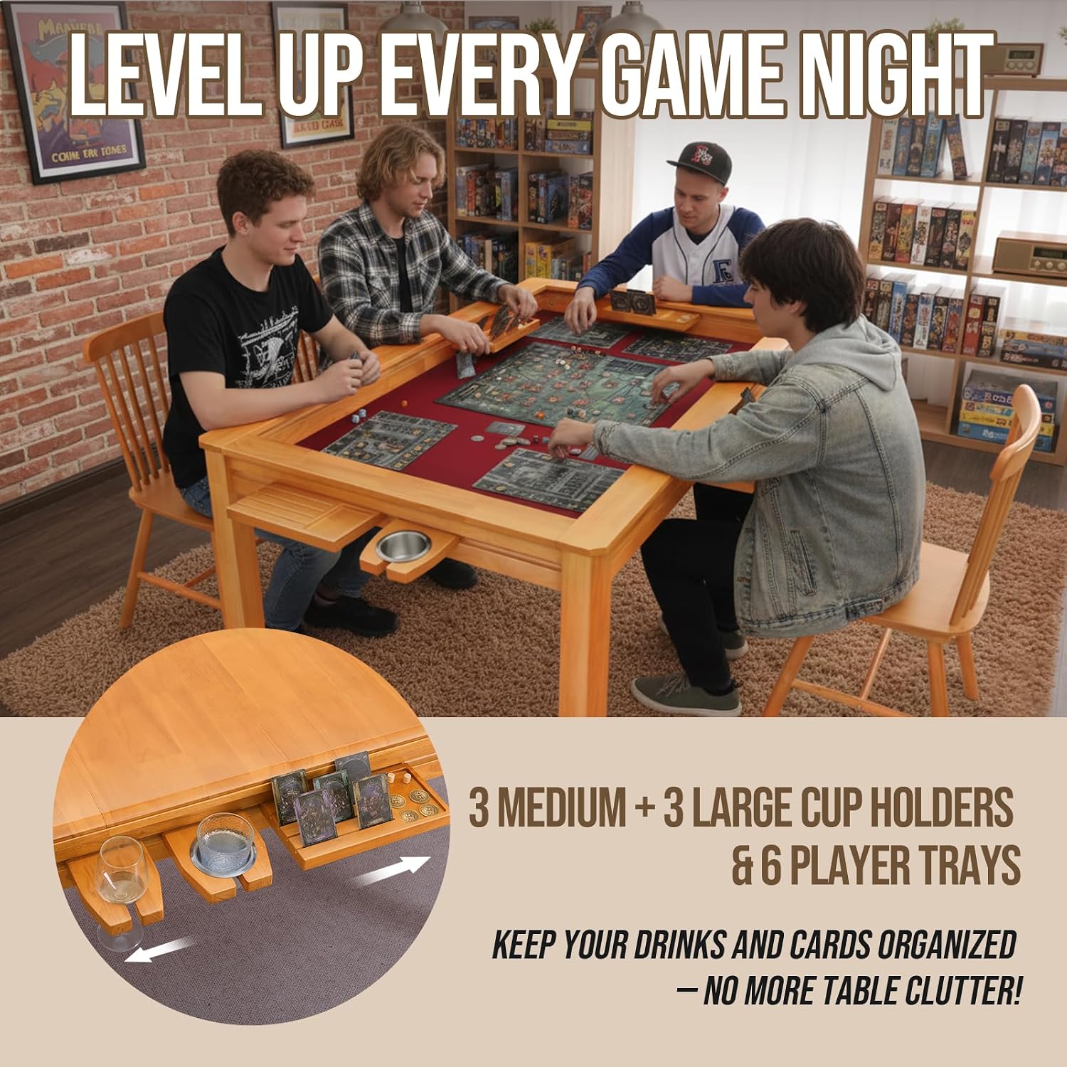 63" Solid Wood Board Game Table for Gaming/Dining, Removable Top | Gaming Table for 4–6 Players with 54" x 30.7" Play Area, Neoprene Play Mat, Leaf Storage Rack, 6 Cup Holders & Trays, Nature
