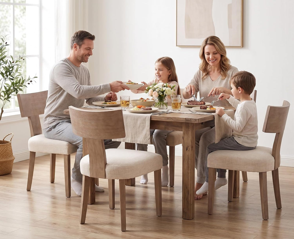 Linen Dining Chairs Set of 6 with Natural Wood Legs, Farmhouse Upholstered Side Chair with Curved Backrest for Living Room/Restaurant, Beige-Light Brown Legs