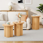 Nesting Coffee Table Set of 3, Fluted Round Nesting Tables Mid Century Modern Coffee Table Boho Wooden Accent End Table Set for Living Room Home Office Small Space