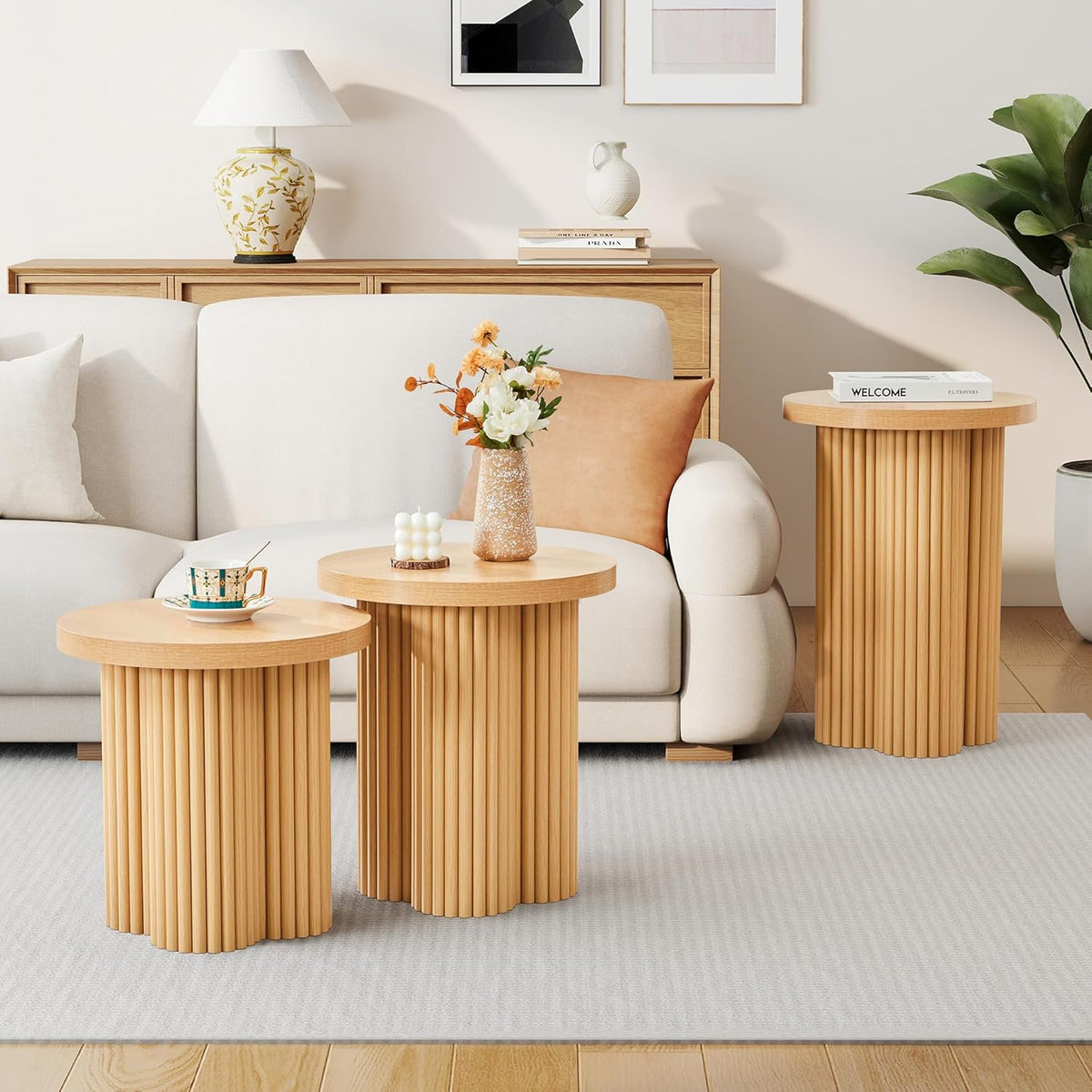 Nesting Coffee Table Set of 3, Fluted Round Nesting Tables Mid Century Modern Coffee Table Boho Wooden Accent End Table Set for Living Room Home Office Small Space
