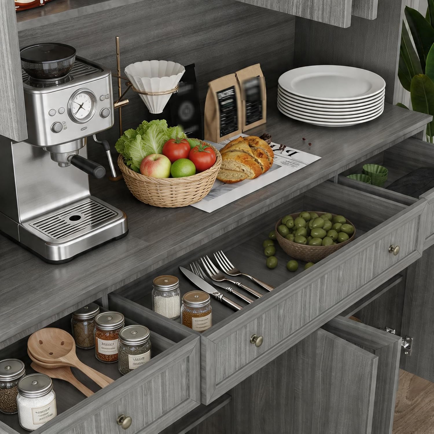 Timechee 75.9" Tall Kitchen Pantry Storage Cabinet with Drawers, Farmhouse Storage Hutch Cabinet with Doors and Shelves, Kitchen Food Pantry Cupboard and Coffee Bar Station for Dining Room, Grey