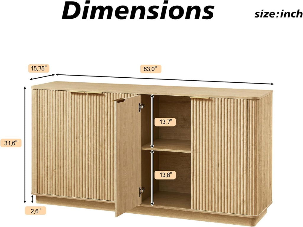 63" Oak Vertical Fluted Sideboard Buffet Cabinet - Modern Storage Cabinet with 4 Doors & Adjustable Shelves for Dining Room, Kitchen & Coffee Bar