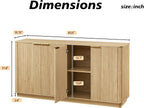 63" Oak Vertical Fluted Sideboard Buffet Cabinet - Modern Storage Cabinet with 4 Doors & Adjustable Shelves for Dining Room, Kitchen & Coffee Bar