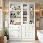 Cyclysio Farmhouse Kitchen Pantry Cabinets - 80" Tall Wood Kitchen Storage Cabinets with Adjustable Shelves & Doors & Drawers, Versatile Storage for Living Room, Kitchen, Set of 2 (White)