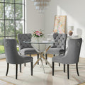 Round Glass Dining Table Set for 4, Modern 36 Inch Glass Kitchen Table with Silver Stainless Steel Legs and 4 Grey Velvet Chairs, for Dining Room, Apartment, Small Space