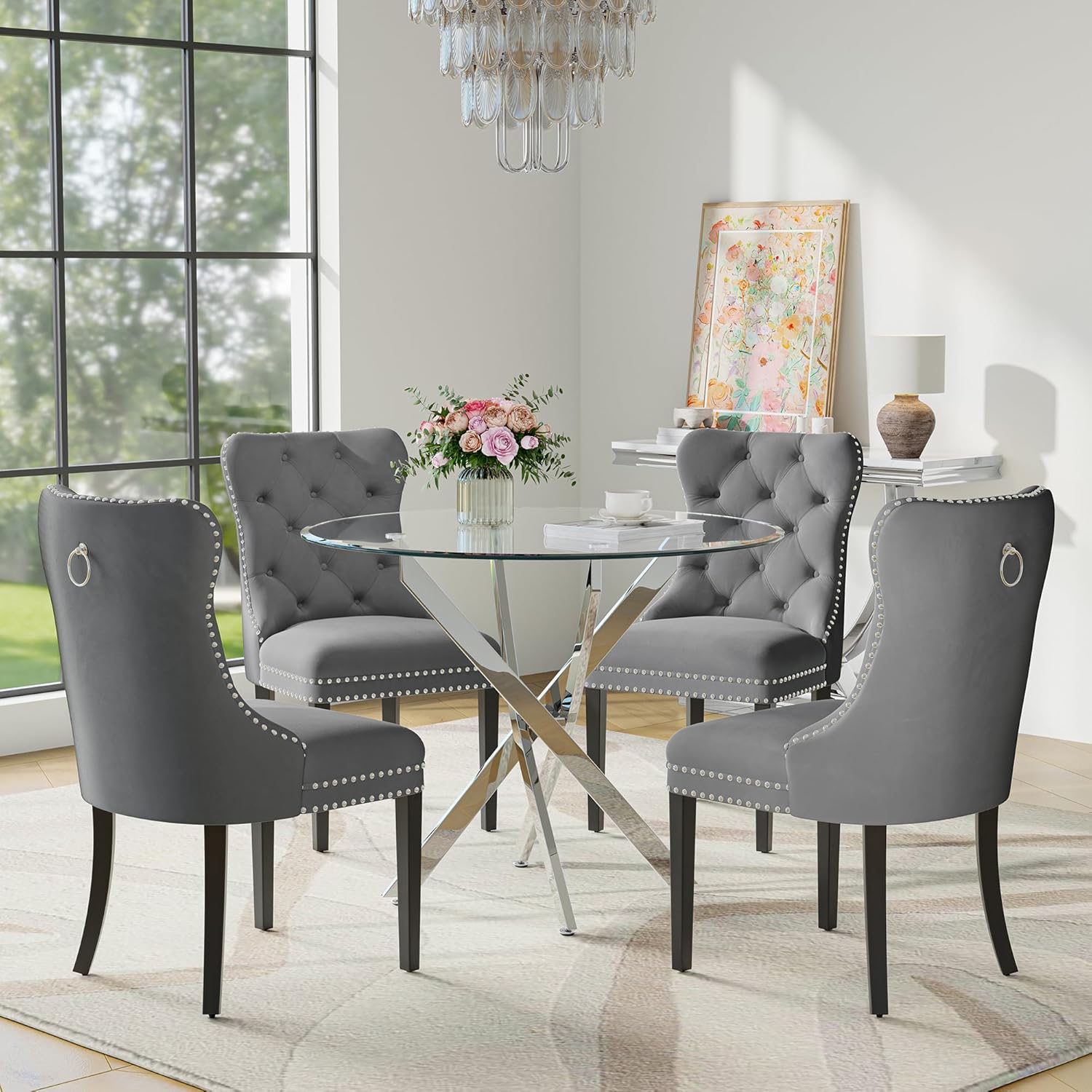 Round Glass Dining Table Set for 4, Modern 36 Inch Glass Kitchen Table with Silver Stainless Steel Legs and 4 Grey Velvet Chairs, for Dining Room, Apartment, Small Space