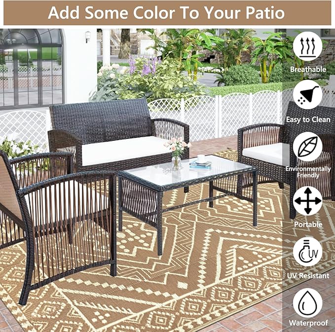 Waterproof Outdoor Rug 5x8 ft, Reversible Plastic Straw Mat, Large Floor Mat for Patio, Camping, Picnic, Backyard RV, Deck, Beige