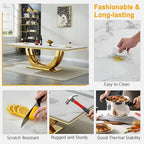 7 Piece Marble Dining Table Set for 6, 94 inch Large White Faux Marble Table with Gold U Shaped Stainless Steel Base, Modern Kitchen Dining Room Table Set for 6 with Grey Upholstered Velvet Chairs