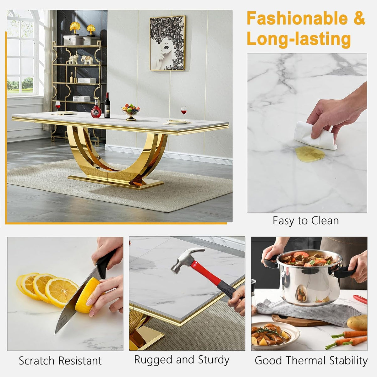 94 in Luxury Faux Marble Dining Table for 6 8 10 People, White Faux Marble Dining Table with Gold U Shaped Stainless Steel Base, Large Rectangular Modern Kitchen Dining Room Table for Family Gathering
