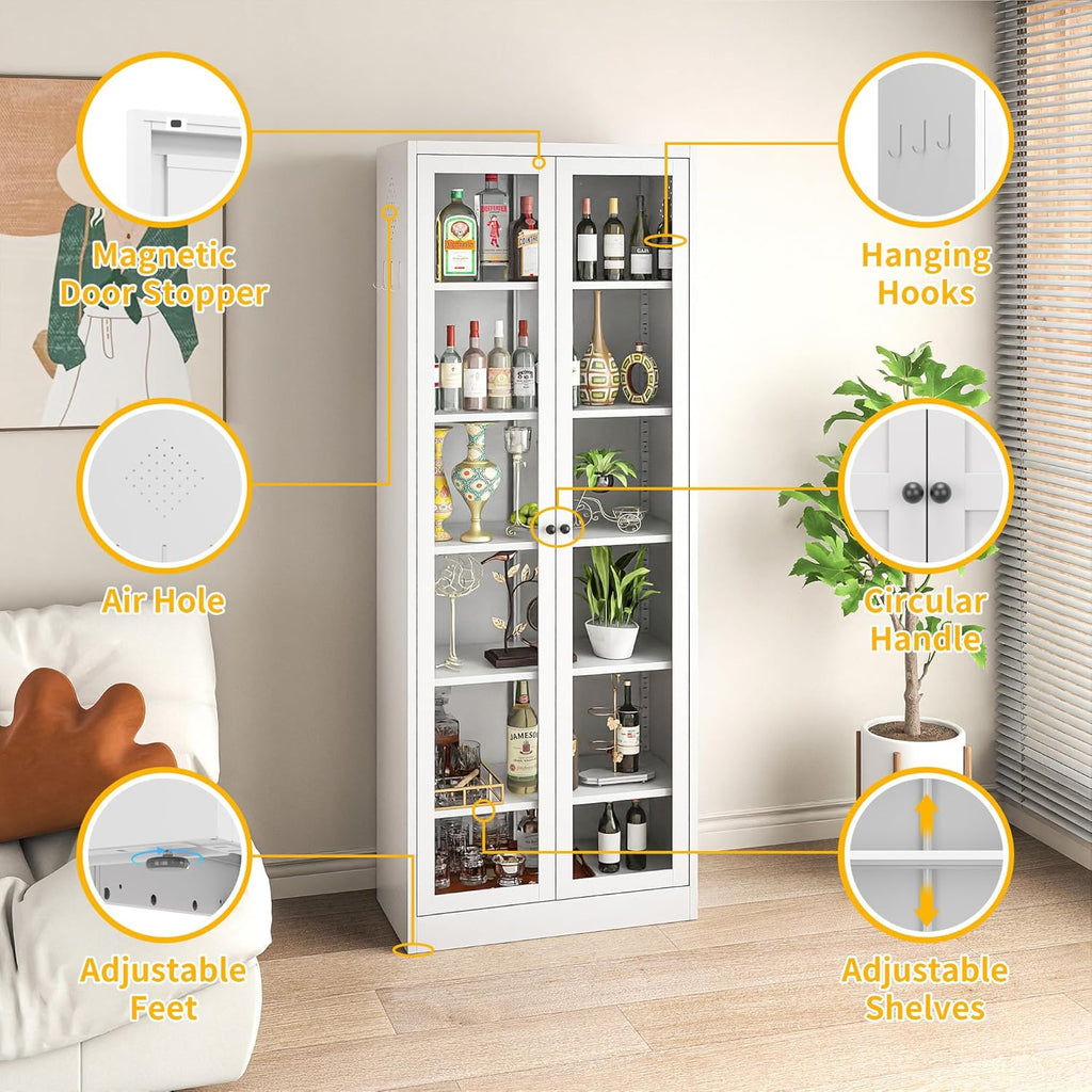 Kitchen Pantry Cabinet, 72" Tall Pantry Storage Cabinet with Adjustable Shelves and Glass Doors, Metal Storage Cabinets with Handle for Living Room, Kitchen, Assemble Required (White)