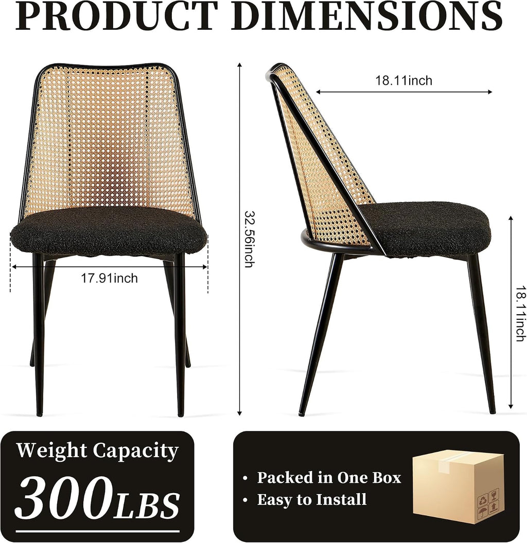 NORDICANA Rattan Dining Chairs Set of 2, Mid Century Kitchen Dining Room Side Chairs with Upholstered Cushion, Black