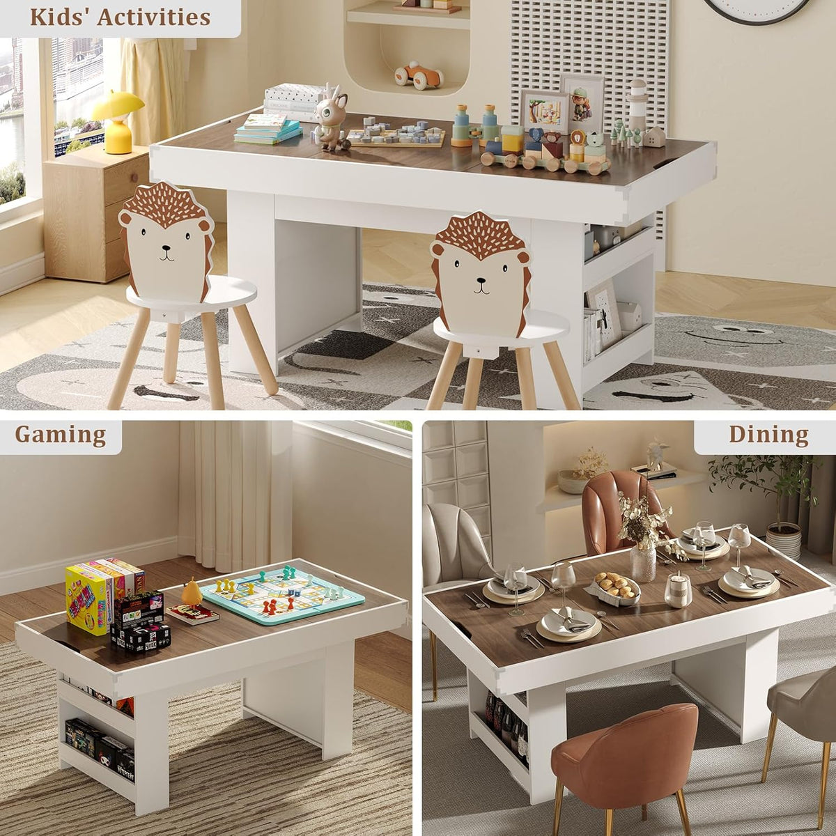 47″ Dining Table with Storage Shelf & Drawers,Multi-Functional Dining Game Table for 4–6-Removable Top, Space-Saving Convertible Design w/Hidden Storage, for Poker Card Games Family Meals