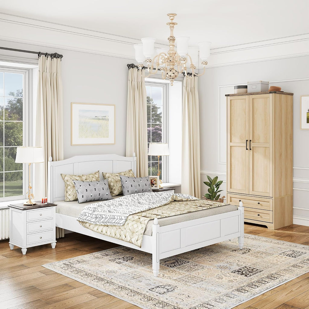 Brafab 2 Doors Wooden Armoire Wardrobe Closet with 2 Drawers, Natural | 2 Modern Doors, Freestanding, with Drawers and Hanging Rail, Wooden Storage Cabinet with Shelf, for Bedroom