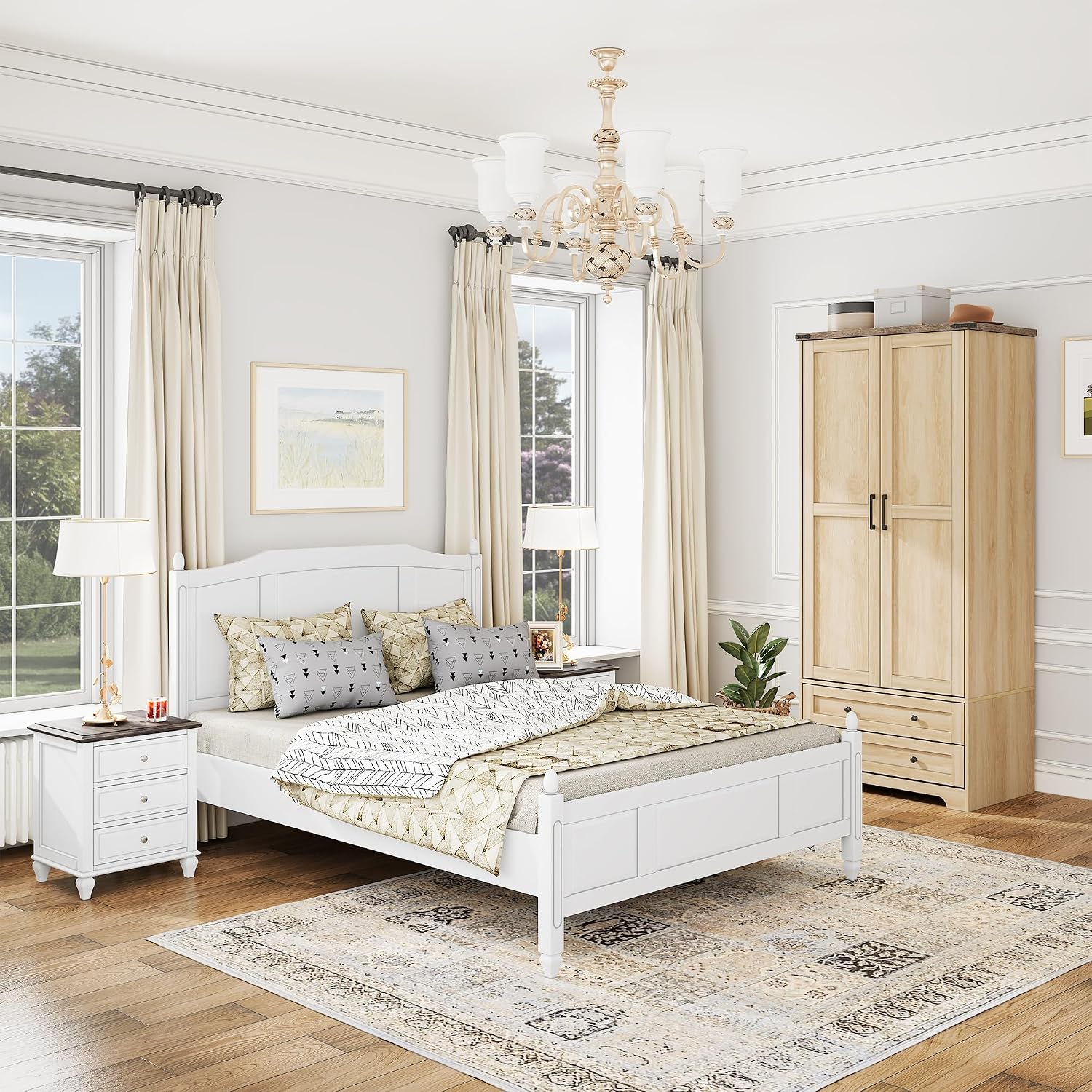Brafab 2 Doors Wooden Armoire Wardrobe Closet with 2 Drawers, Natural | 2 Modern Doors, Freestanding, with Drawers and Hanging Rail, Wooden Storage Cabinet with Shelf, for Bedroom