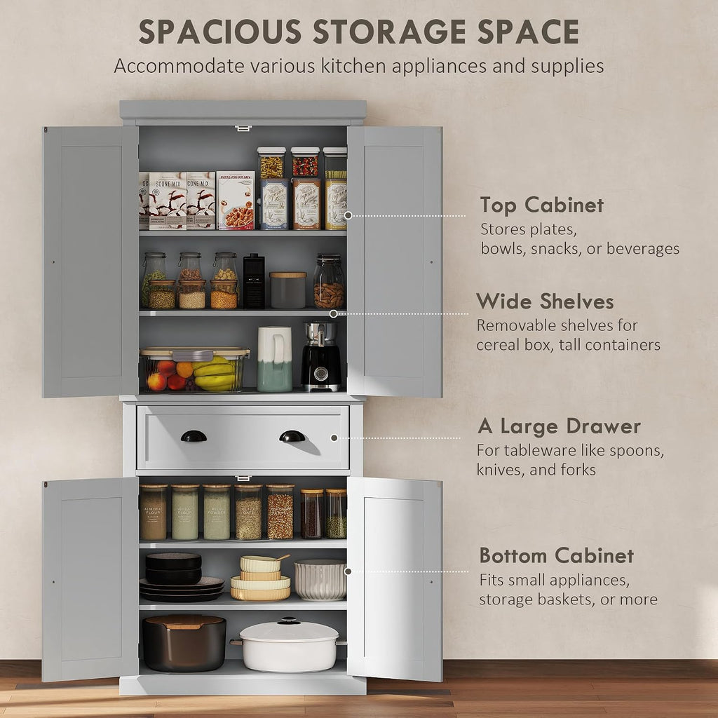 HOMCOM 72.5" Kitchen Pantry Cabinet, Traditional Freestanding Storage Cabinet with 4 Doors, Drawer and 3 Adjustable Shelves for Dining Room, Gray