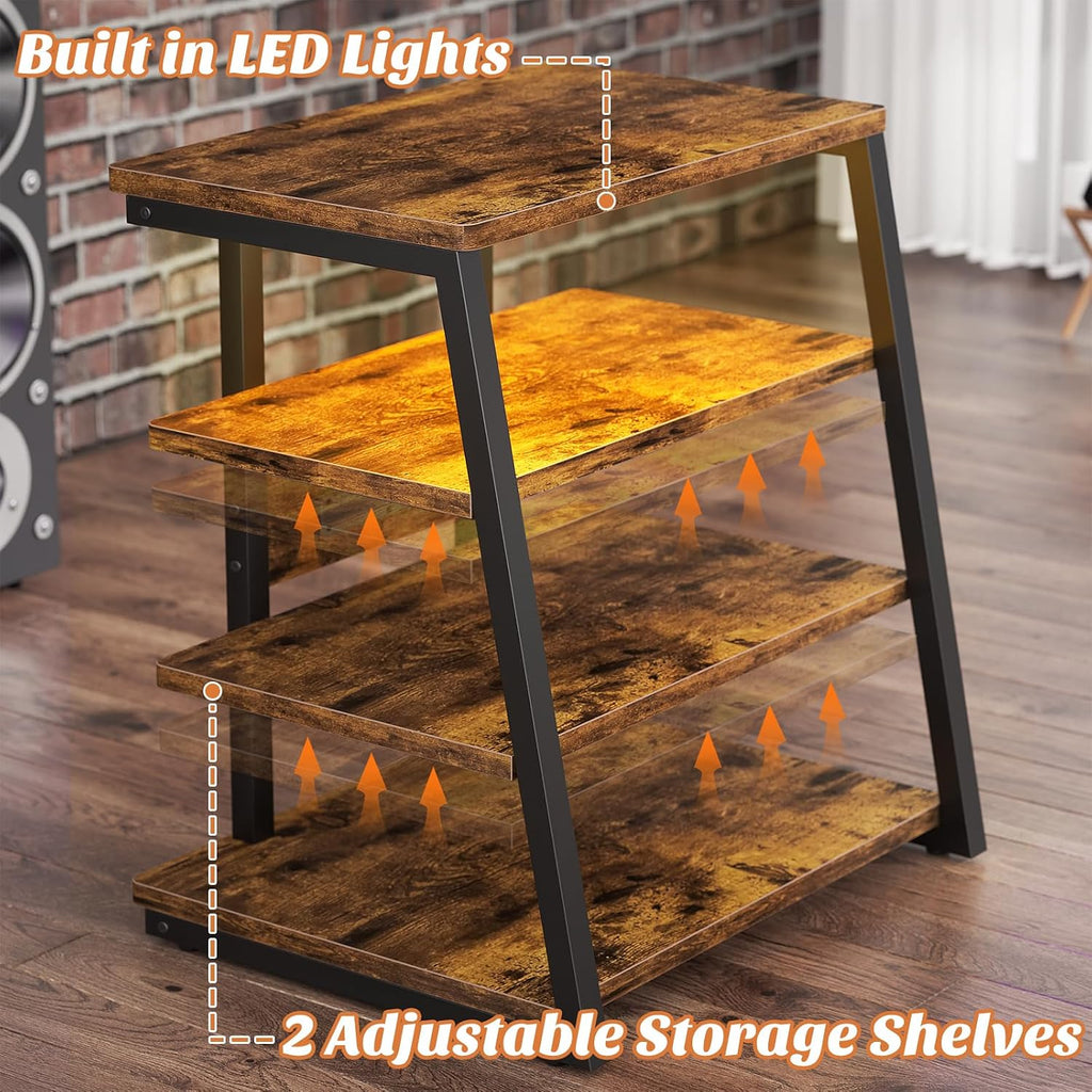 Besiost AV Media Stand with Outlets, Media Console with LED Lights, Stereo Racks and Stands with Storage Shelves, Media Audio Tower Cabinet, Rustic Brown