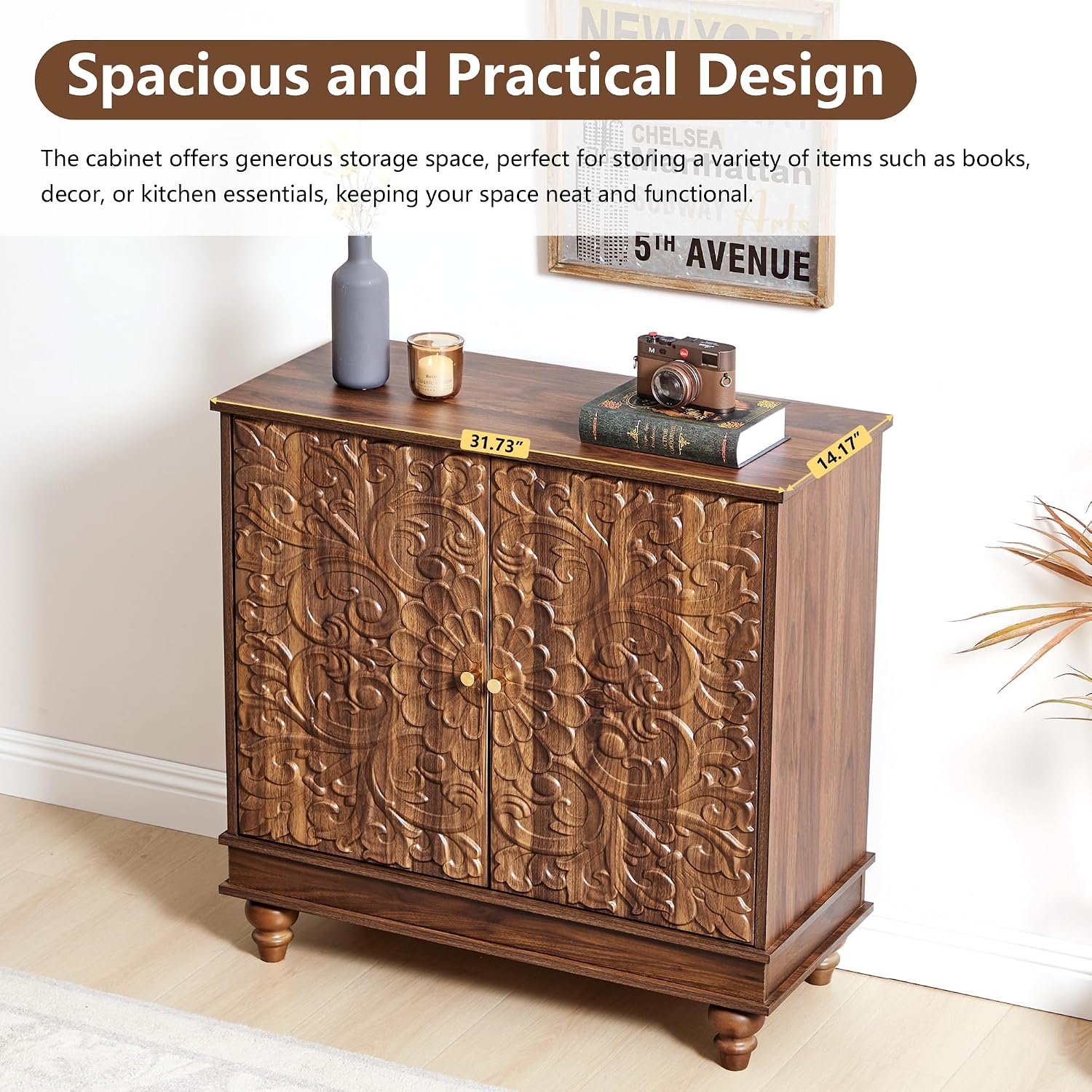 weselon Accent Cabinet with 2 Doors, Farmhouse Carved Buffet Sideboard with Adjustable Shelves, Storage Cabinet Entryway Table for Living Room (Walnut)