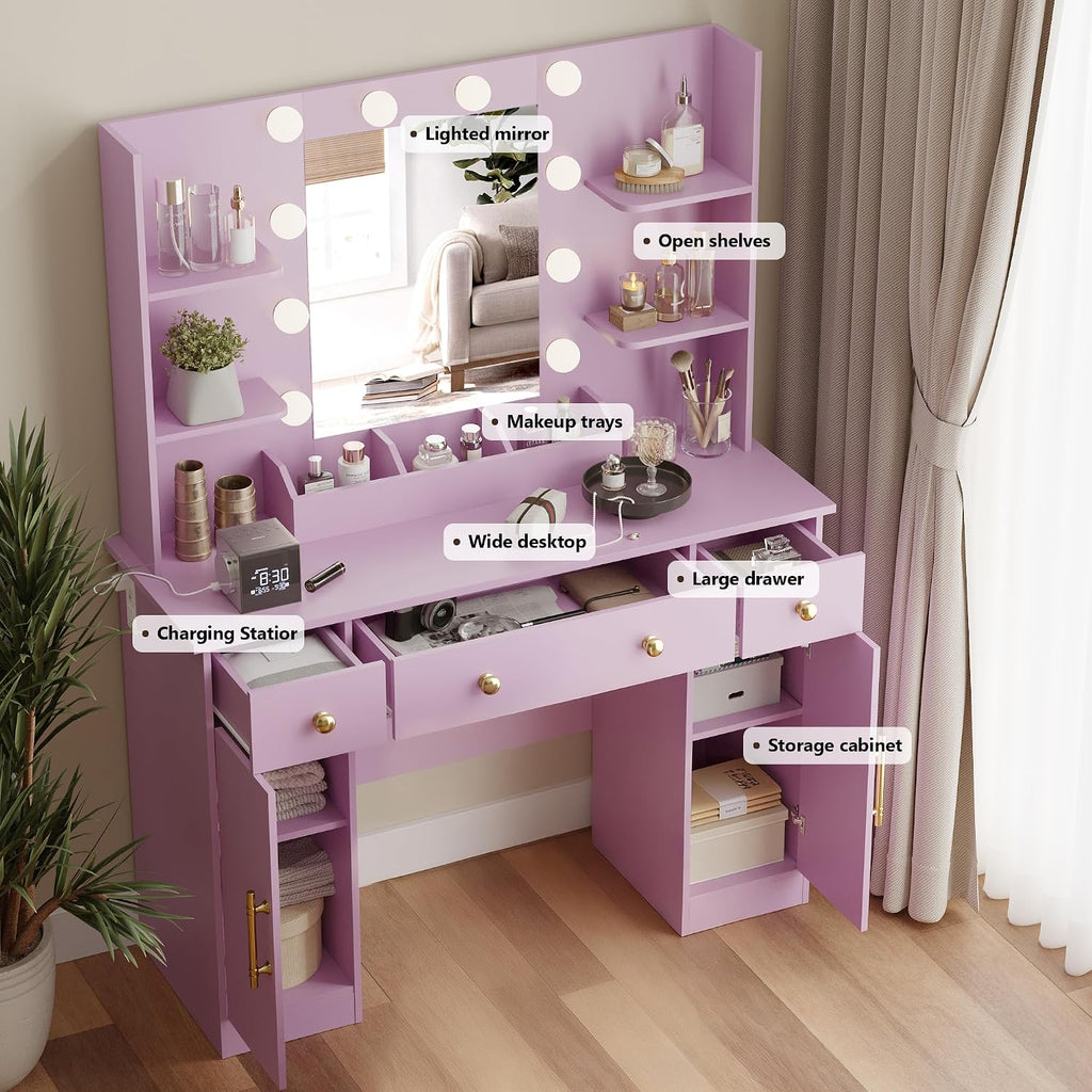 Wodeer Makeup Vanity Desk with Mirror and Lights, 43" Purple Vanity Set with 3 Drawers, Power Outlet & Adjustable RGB LED Lights, Dressing Table with Storage Shelf for Women & Girls Bedroom