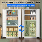 Polup 71" White Metal Kitchen Pantry Storage Cabinet with Doors and Shelves | Tall Freestanding Cupboard, 5-Tier Heavy Duty, 4 Adjustable Shelving, Gold Handles, for Garage, Dining Living Room, Office