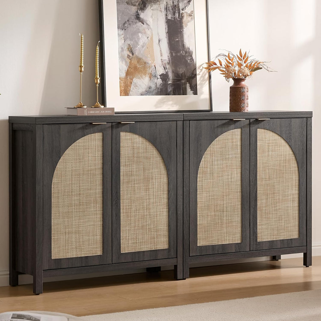 SICOTAS 68" W Rattan Sideboard Buffet Cabinet with Storage Set of 2, Modern Credenza with Arch Doors & Shelves, Boho Coffee Bar Media Console Cabinets for Kitchen, Living Room, Entryway, Black Oak