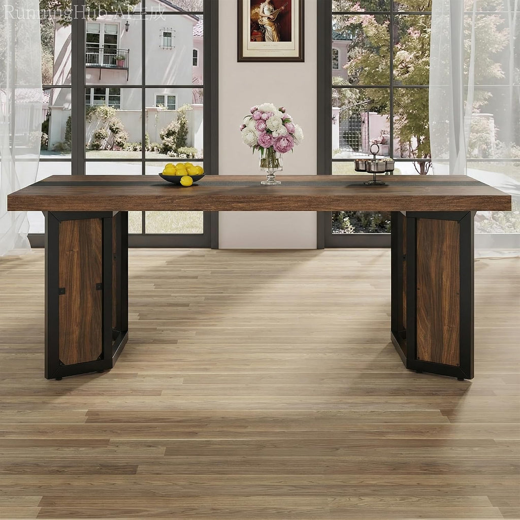 Industrial Dining Table for 6-8 People, 71" Large Long Wooden Kitchen Table with Sturdy Metal Frame & Brown Finish, Rustic Style Rectangular Dinner Table for Dining Room, Kitchen (Reddish Brown )