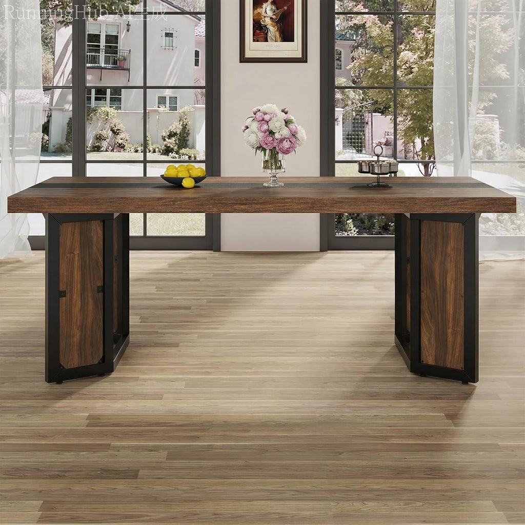 knoworld Rectangular Industrial Dining Room Table for 8 People, 71" Long Wood Kitchen Table with Strong Metal Frame, Large Dinner Room Table for Big Family, Restaurant, Party, Reddish Brown