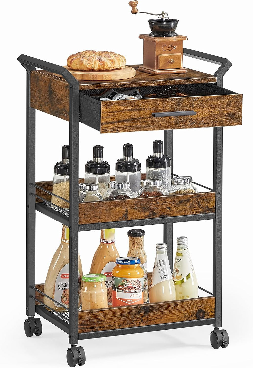 VASAGLE Storage Cart, 3-Tier Rolling Utility Cart with Table Top | Top Drawer, Mesh Shelves, Handles, 4 Lockable Casters, Rustic Brown and Matte Black, DACEY Collection ULRC048K01