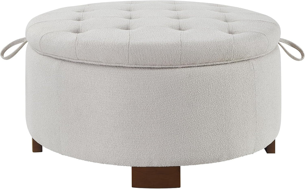 30'' Round Ottoman with Storage, Oversized Ottoman Coffee Table with Reversible Lid and Wooden Legs, Boucle Upholstered Tufted Footstool, Dual-Purpose Seat & Table for Living Room Bedroom, Beige