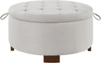 30'' Round Ottoman with Storage, Oversized Ottoman Coffee Table with Reversible Lid and Wooden Legs, Boucle Upholstered Tufted Footstool, Dual-Purpose Seat & Table for Living Room Bedroom, Beige