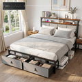 Queen Bed Frame with 2 Storage Drawers & Charging Station, Headboard, Grey