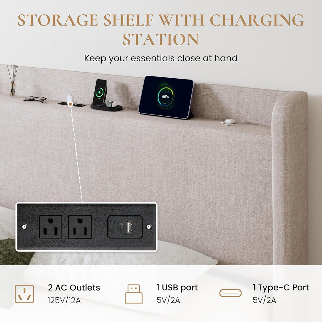 SHA CERLIN King Size Storage Bed Frame with 4 Oversized Drawers, Modern Wingback Headboard with Storage Shelf & Charging Station, No Box Spring Needed, Easy Assembly, Beige