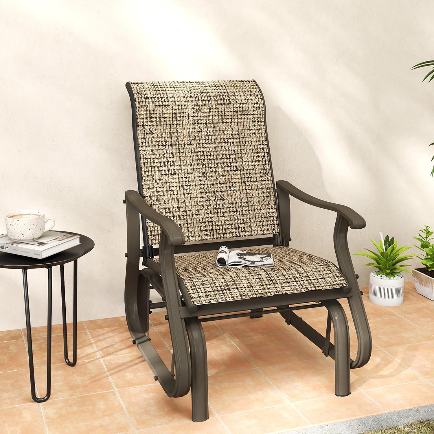 Outsunny Outdoor Glider Chair Patio Garden Steel Frame Light Mixed Brown | Gliders for Outside Patio, Mesh Fabric, Backyard, Porch