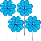 4PCS Flower Wind Spinner Sparkly Lawn Pinwheel 11.8 inch Blue Garden Windmill for Garden, Party, Outdoor, Yard Decor