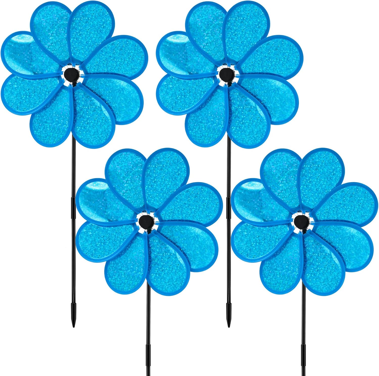 4PCS Flower Wind Spinner Sparkly Lawn Pinwheel 11.8 inch Blue Garden Windmill for Garden, Party, Outdoor, Yard Decor