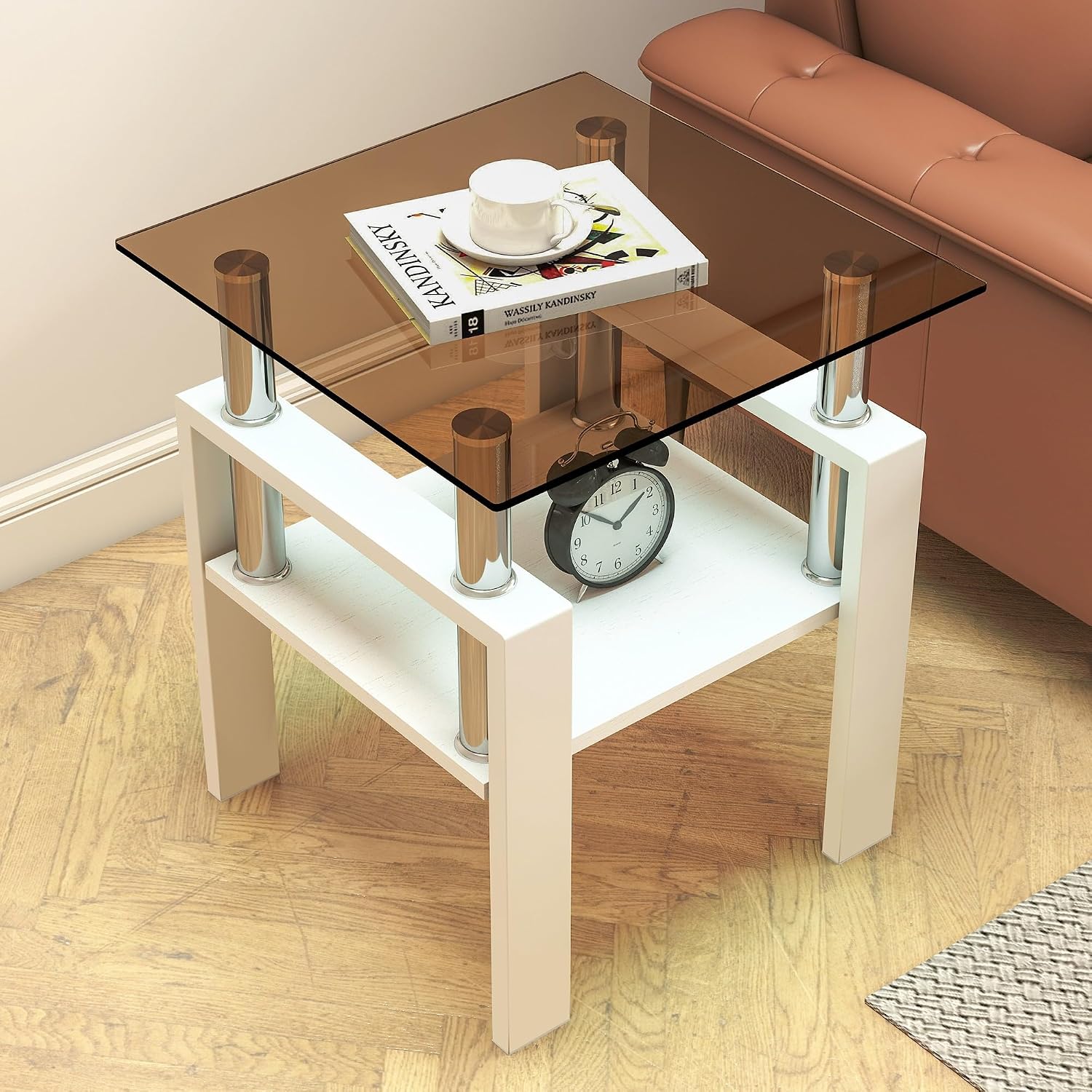 Set of 2 Glass End Table, 2-Layer Glass Living Room Table, Modern Tea Table Side Tables for Home Office Furniture