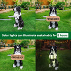 Border Collie Outdoor Dog Statue with Reversible “Welcome/ON Patrol” Plaque and Solar Path Lantern, Black & White Sitting Herding Dog Yard Accent