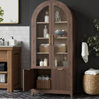 win2win Tall Arched Cabinet with Glass Doors, 69" Pantry Storage Cabinets with Fluted Doors & Adjustable Shelves, Mid Century Modern Wood Display Bookcase for Kitchen, Living Room, Bathroom, Walnut