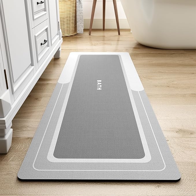 MontVoo Long Bath Mat Runner Non Slip Absorbent Stain Resistant Quick Dry Thin Bath Mat (17" x 50") - Grey